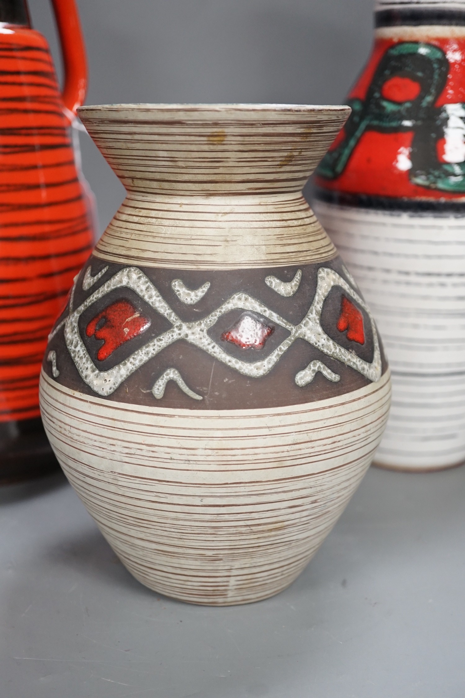 A group of three West German ceramic pots, including Scheurich and Bay, tallest 34cms high